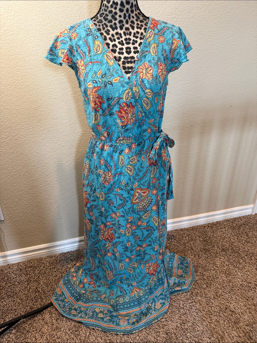 Turquoise Floral Wrap Maxi Dress with Tie Waist